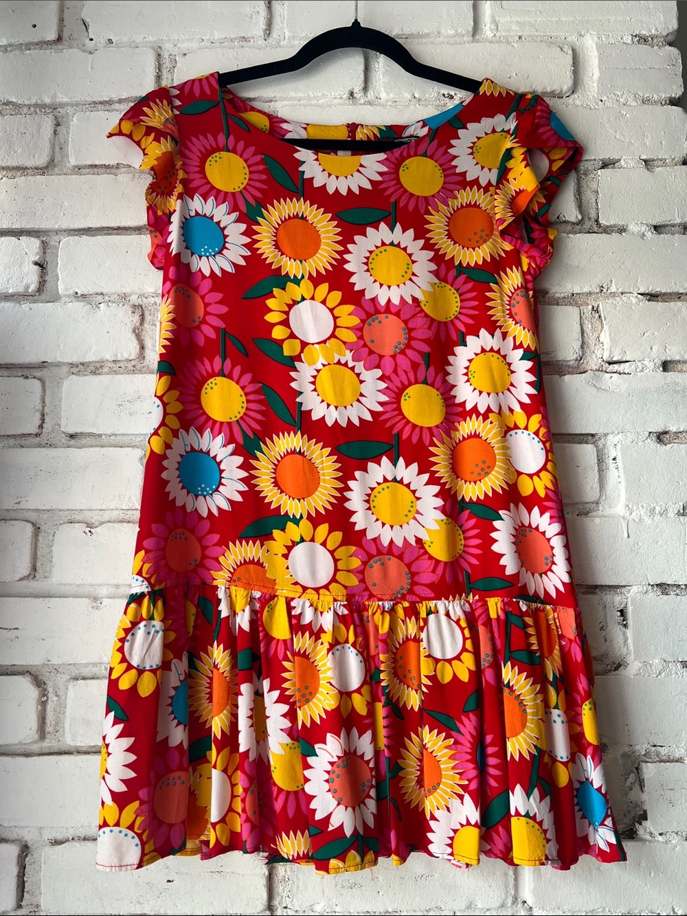 Women’s drop waist' Bright Red Sunflower Ruffle Hem Dress